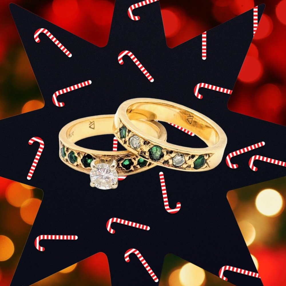 Vintage Custom 14k 1.08ct Diamond Emerald Wedding Ring Set